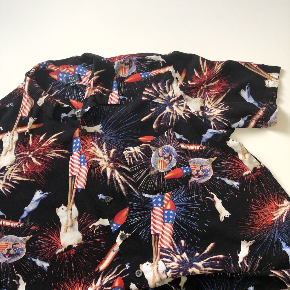 Georgeā Shirt Mens XL Black Patriotic Space Cats Fireworks Rayon GM28Y040